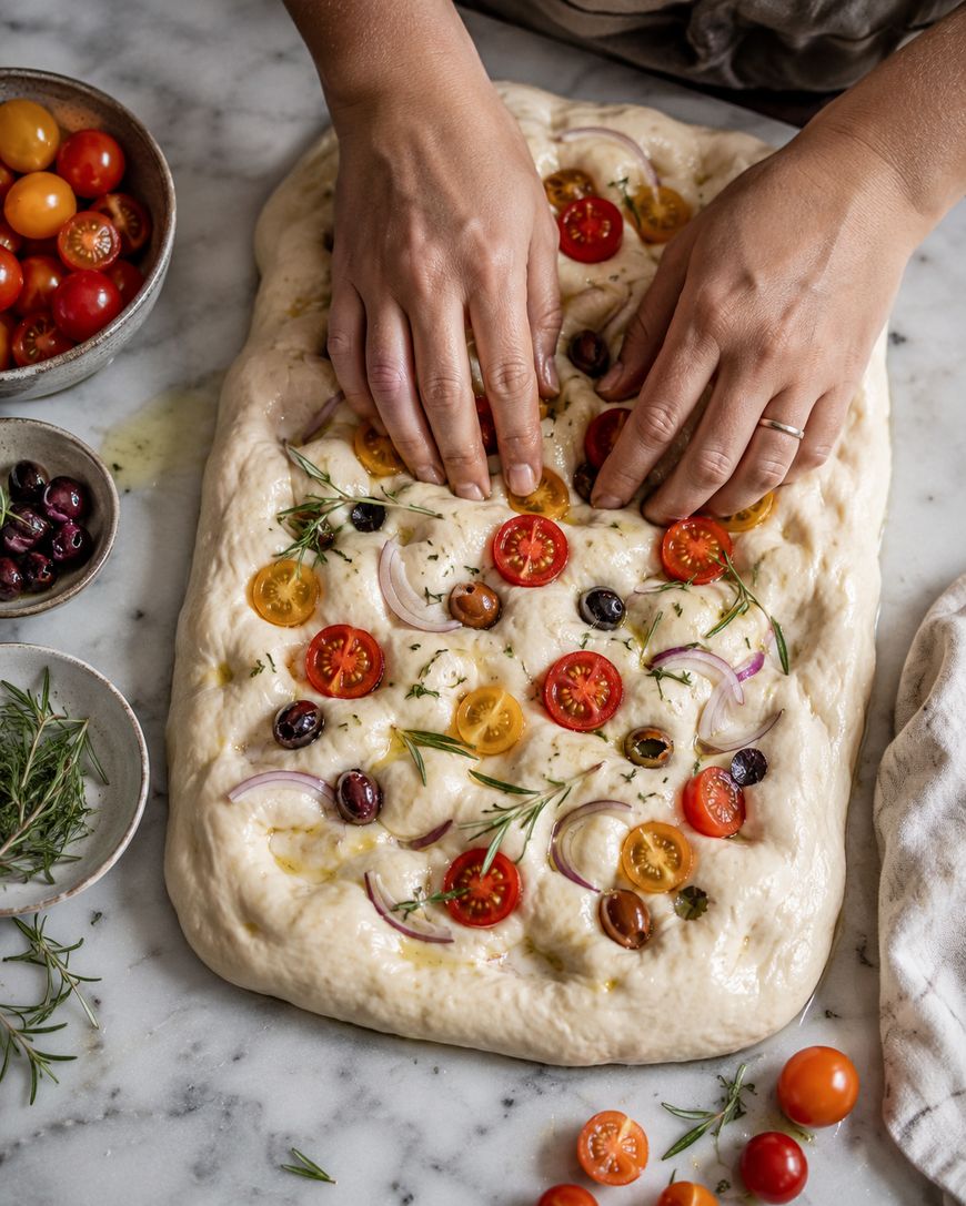 Hands pressing cherry tomatoes, olives, rosemary, and onion slices into focaccia dough on a marble surface. Bowls of tomatoes, olives, and rosemary are nearby.