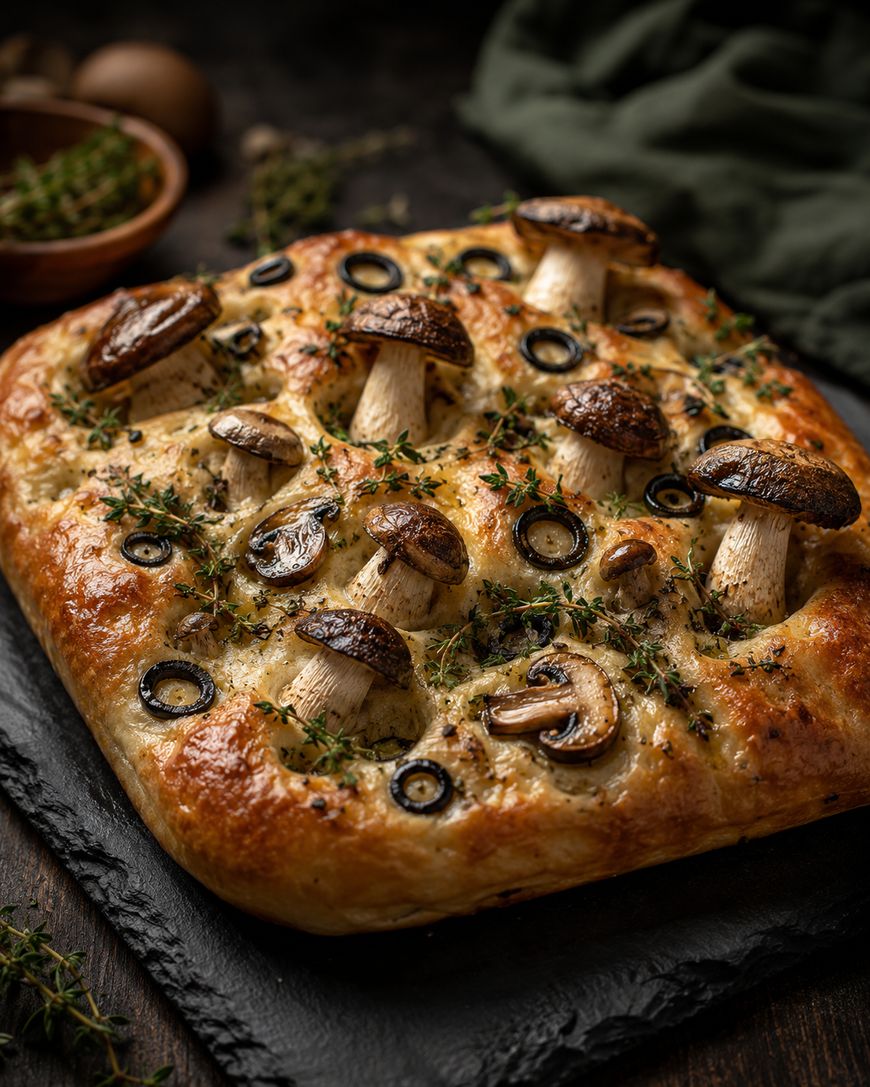 A golden focaccia bread topped with whole mushrooms, black olive slices, herbs, and olive oil, on a dark slate board with herbs and a green napkin in the background.