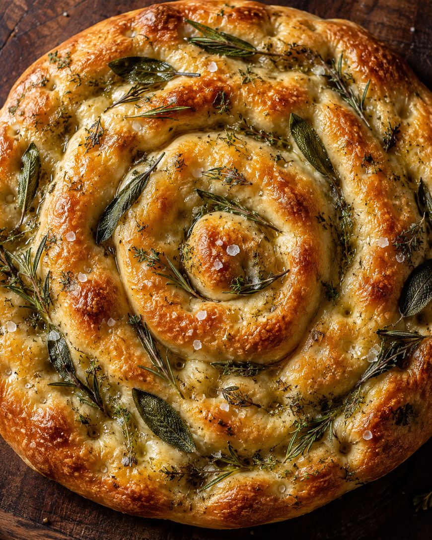 A golden, spiral-shaped focaccia bread topped with fresh rosemary, sage, thyme, and coarse sea salt, resting on a wooden surface.