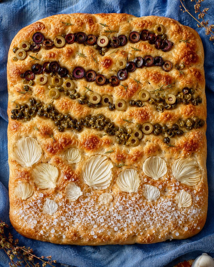 A rectangular focaccia topped with rows of black and green olives, capers, sliced onions, and coarse salt, arranged decoratively on a blue cloth.