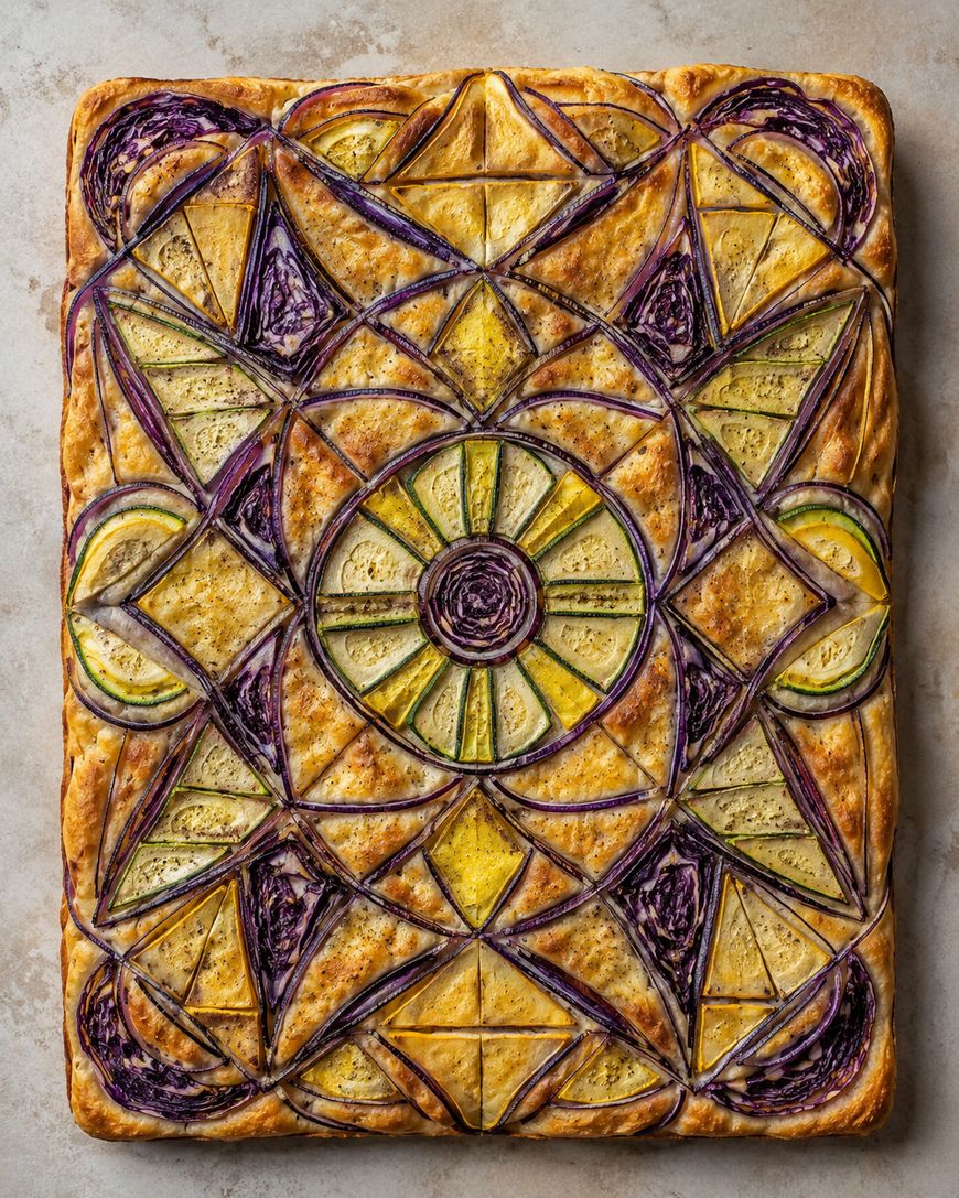 A rectangular focaccia bread topped with thinly sliced purple onions and yellow squash, arranged in an intricate geometric, mandala-like pattern.