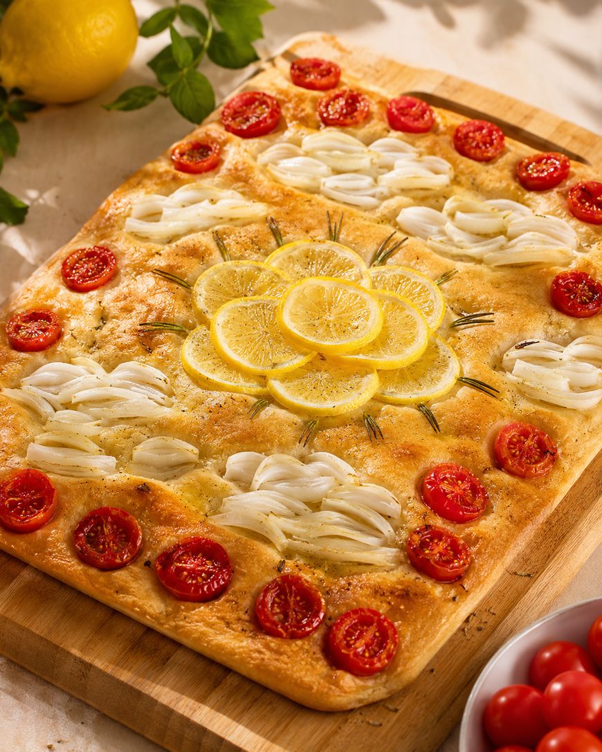 Rectangular focaccia bread topped with sliced cherry tomatoes, arranged onion slices, fresh rosemary, and a central flower pattern made from lemon slices. The bread sits on a wooden cutting board with lemons and herbs nearby.