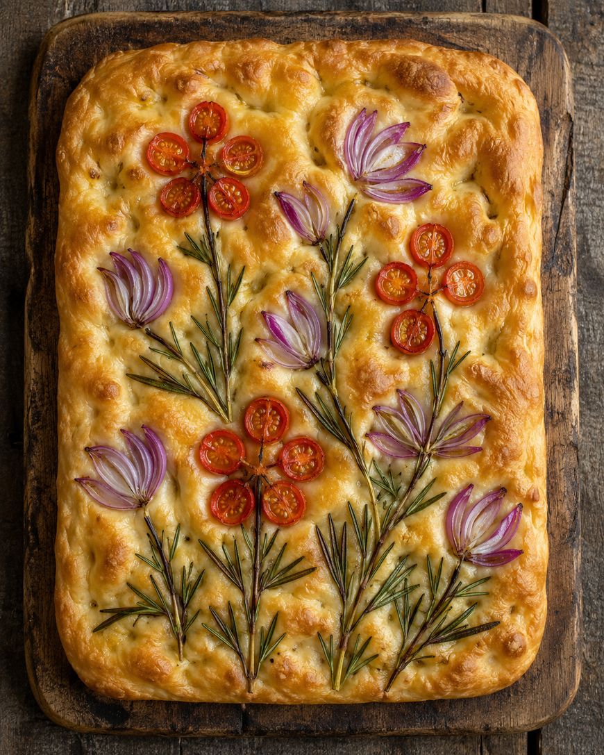 Rectangular focaccia bread decorated with rosemary sprigs, halved cherry tomatoes, and slices of red onion arranged to look like colorful flowers on a rustic wooden surface.