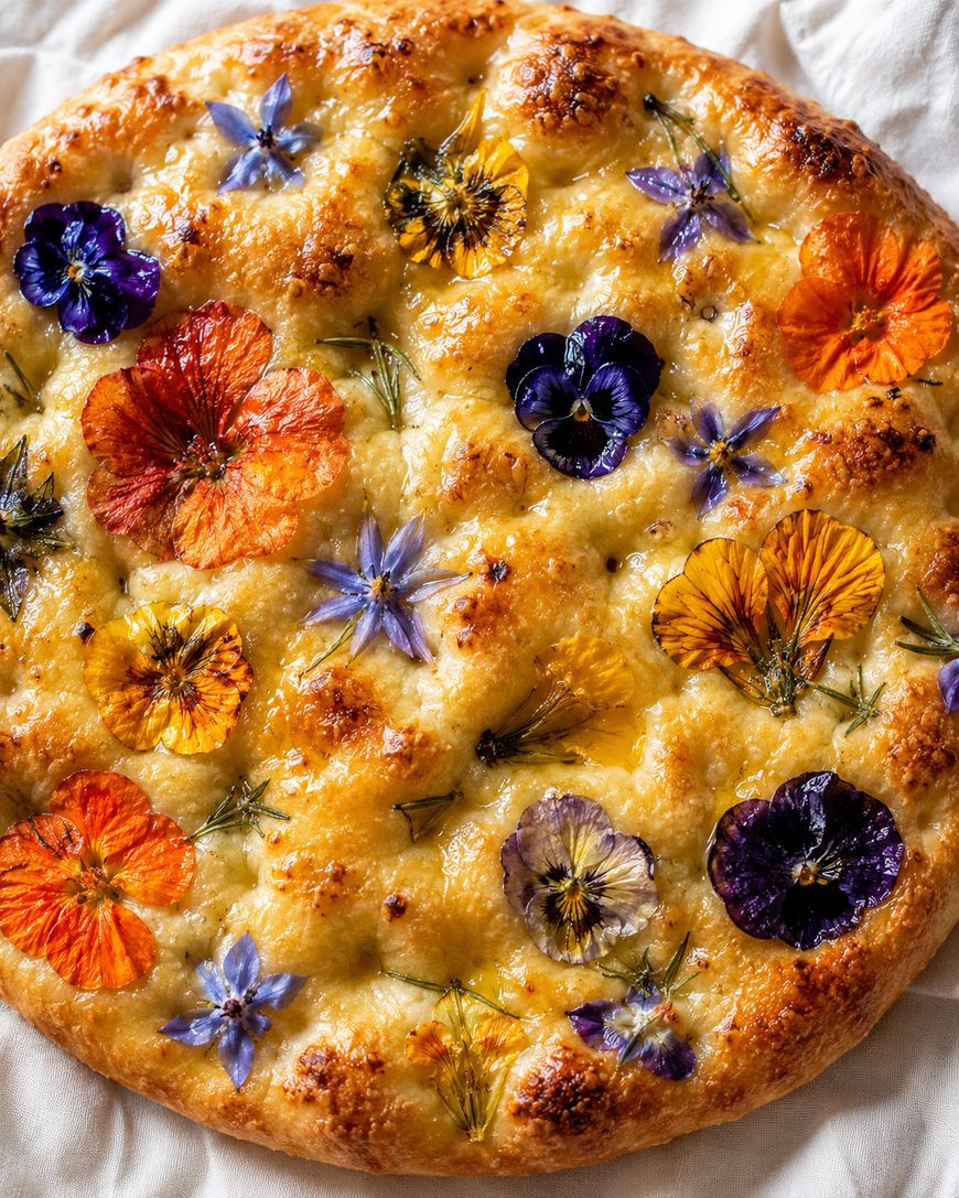 Golden focaccia bread topped with colorful edible flowers and fresh herbs, displayed on a white cloth background.