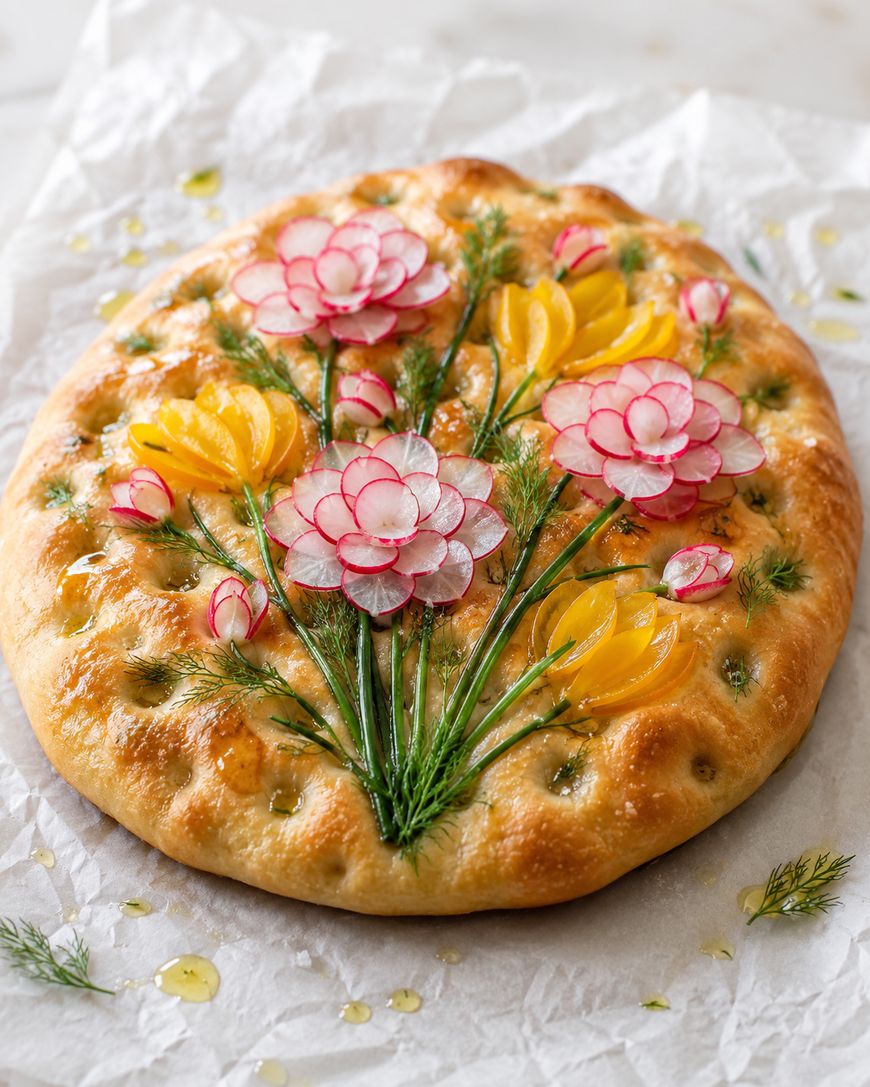 A round focaccia bread decorated with sliced radishes, yellow peppers, and herbs arranged to look like flowers and stems, placed on parchment paper with a drizzle of olive oil.