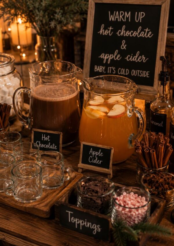 A cozy drink station with pitchers of hot chocolate and apple cider, toppings like marshmallows, chocolate chips, and peppermint, glass mugs, and syrup bottles, with a chalkboard sign reading “Warm Up, Hot Chocolate & Apple Cider”—the perfect addition to your Halloween party food spread. This setup not only offers comfort but also serves as a festive highlight for those seeking fun Halloween recipes at your.