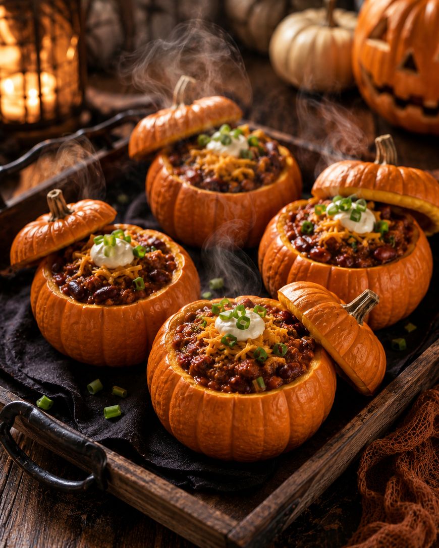 Four small pumpkins filled with chili, topped with sour cream, cheese, and chopped green onions, sit steaming on a tray. Pumpkin lids are beside each serving. Halloween decorations are visible in the background.
