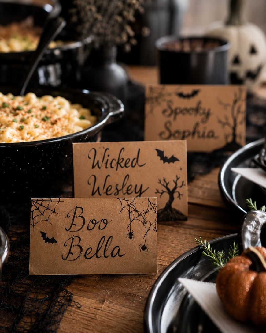 Three Halloween-themed place cards on a table read Wicked Wesley, Spooky Sophia, and Boo Bella. The table is decorated with food, a small pumpkin, and Halloween decor.