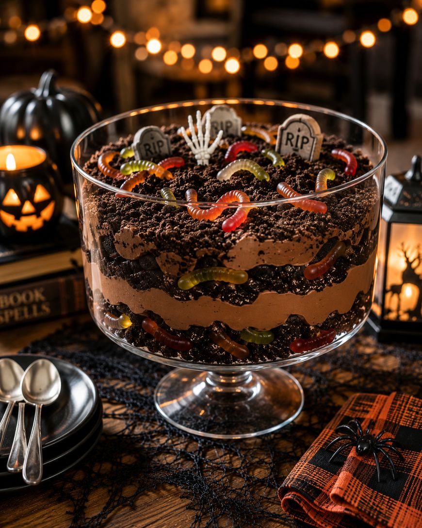 A Halloween-themed trifle dessert with chocolate layers, cookie crumbles, gummy worms, and tombstone decorations in a glass bowl, surrounded by candles and festive decor.