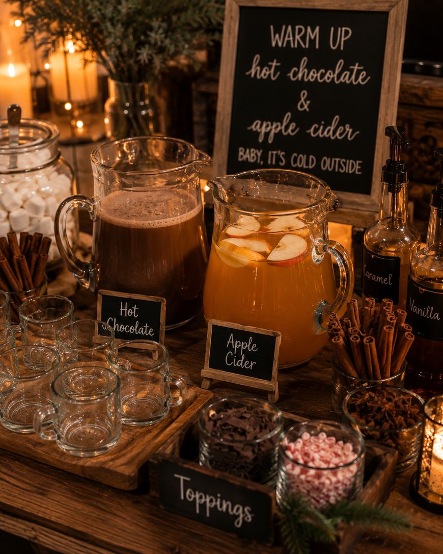 A cozy drink station with pitchers of hot chocolate and apple cider, jars of cinnamon sticks, marshmallows, and toppings, set on a wooden table, with warm lights and a chalkboard sign in the background.