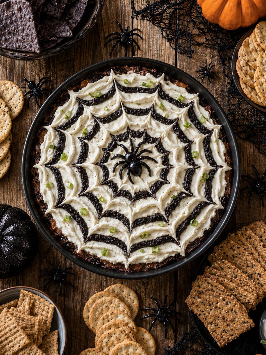 A round dip decorated like a spiderweb with black and white layers, topped with a fake black spider. Surrounded by crackers, chips, and Halloween decorations on a wooden table.