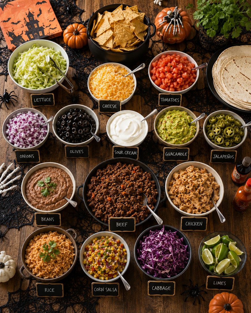 Taco bar with bowls of toppings: lettuce, cheese, tomatoes, onions, olives, sour cream, guacamole, jalapeños, beans, beef, chicken, rice, corn salsa, cabbage, limes, and chips. Halloween decorations surround.