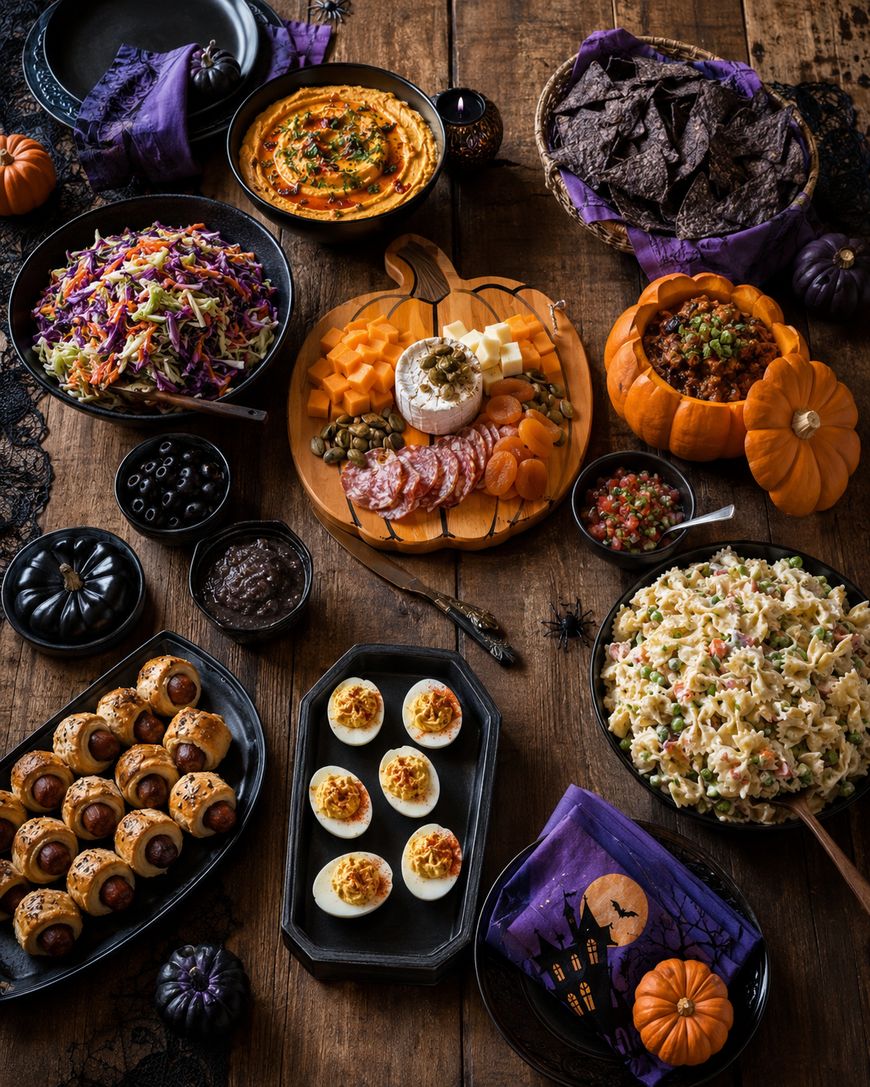 A Halloween-themed table with deviled eggs, pasta salad, mini sausages, coleslaw, chips, dips, hummus, charcuterie on a pumpkin board, and decorated pumpkins on a wooden surface.
