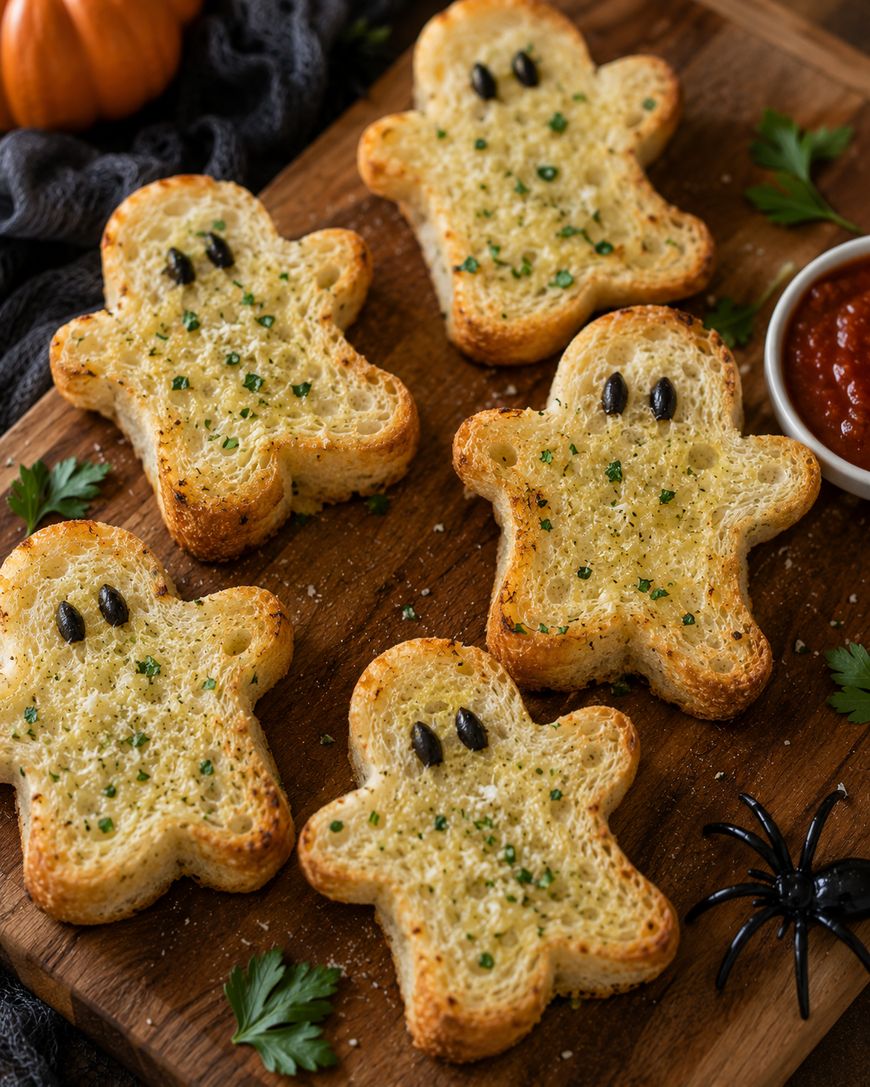 Five slices of garlic bread shaped like ghosts with black olive eyes are on a wooden board, surrounded by parsley, a fake spider, and a bowl of marinara sauce.