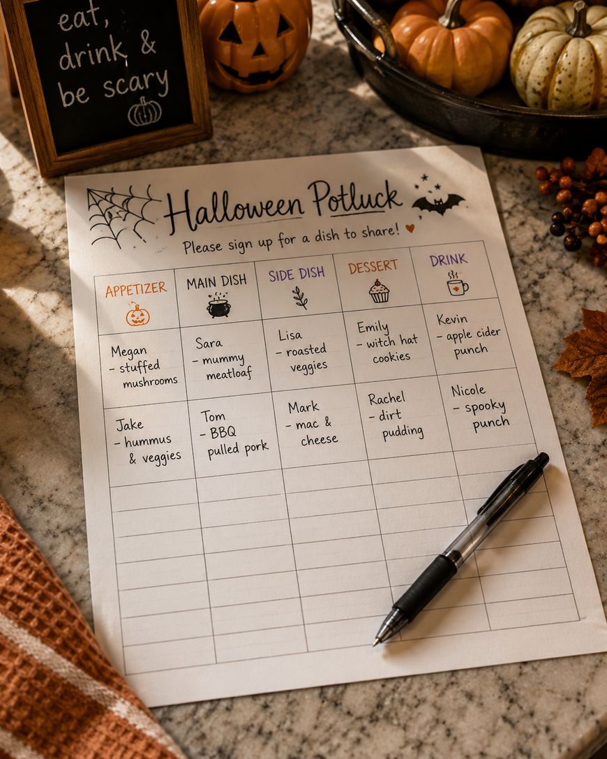 A Halloween potluck sign-up sheet on a table with autumn decorations, pumpkins, a pen, and appetizer, main dish, side dish, dessert, and drink columns filled out with various names and foods.