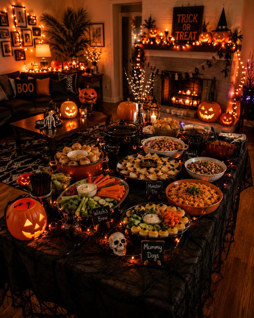 Halloween party table with themed snacks, a skull decoration, and glowing string lights; a cozy, decorated living room with pumpkins, candles, and a lit fireplace in the background.