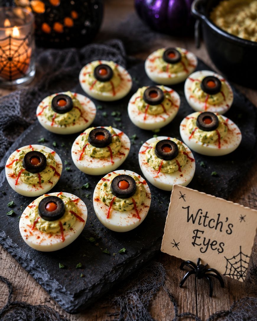 A tray of deviled eggs decorated to look like spooky eyes, with olives as pupils and paprika as bloodshot lines, sits near a sign reading “Witch’s Eyes.” Halloween decorations are in the background.
