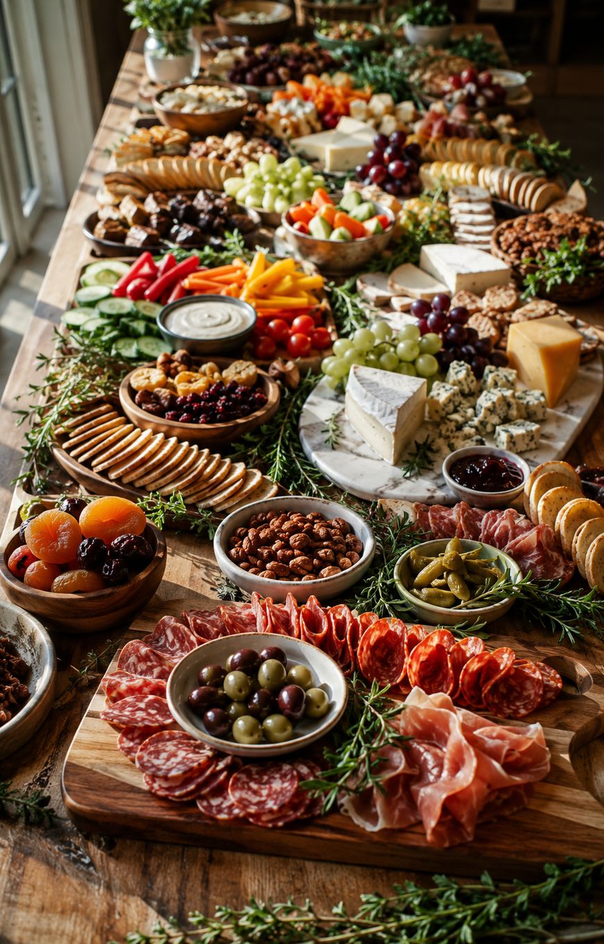 A large wooden table covered with an abundant charcuterie spread, including meats, cheeses, crackers, fruits, nuts, olives, and fresh herbs, artfully arranged for a festive gathering.