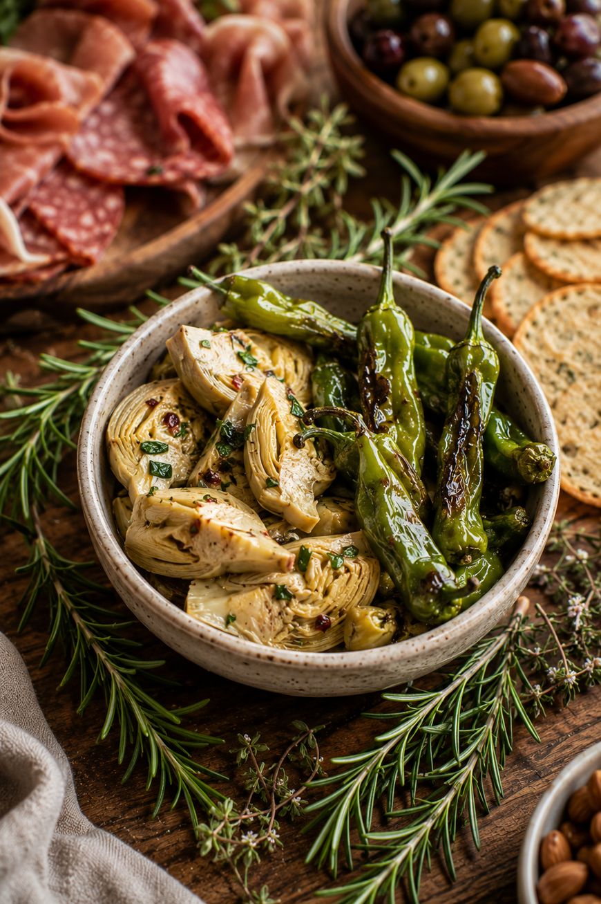 A bowl of marinated artichoke hearts and blistered peppers, garnished with herbs, sits on a wooden table next to crackers, olives, and sliced cured meats.