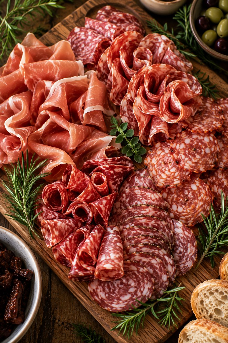 A charcuterie board with various cured meats, including prosciutto and salami, surrounded by fresh rosemary, sliced bread, olives, and sundried tomatoes.