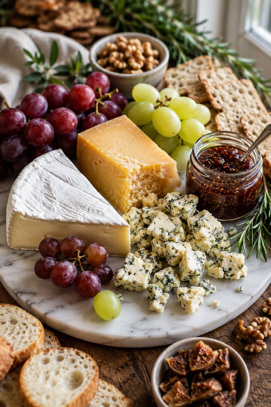 A marble platter with brie, blue cheese, cheddar, grapes, crackers, walnuts, fig jam, figs, and fresh rosemary, surrounded by sliced baguette.