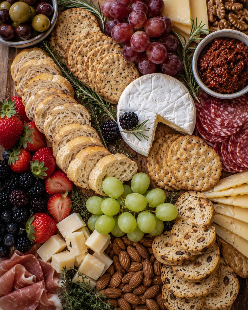 Charcuterie board with crackers, cheeses, grapes, berries, olives, almonds, prosciutto, salami, crackers, walnuts, a soft cheese wedge, and a small bowl of spread.