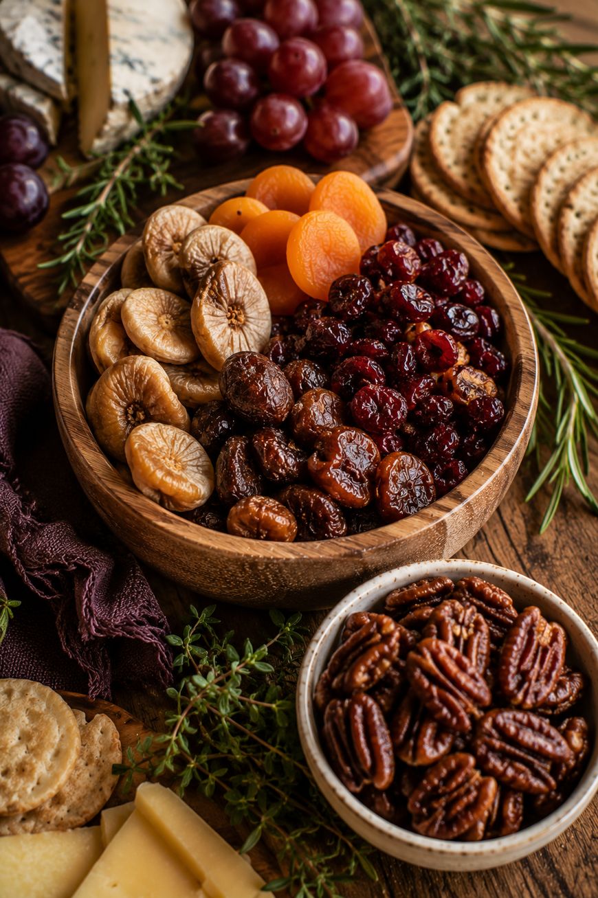 A wooden bowl with dried figs, apricots, and cranberries, surrounded by crackers, cheese, pecans, grapes, and herbs on a rustic wooden table.