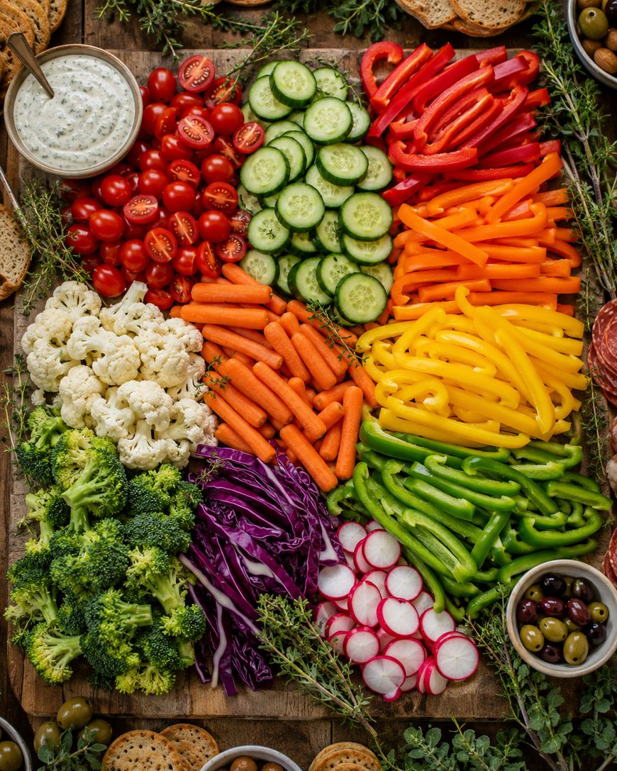 Colorful assorted vegetables including cherry tomatoes, cucumbers, bell peppers, cauliflower, carrots, broccoli, cabbage, and radishes, arranged neatly on a platter, surrounded by crackers, dip, and olives.