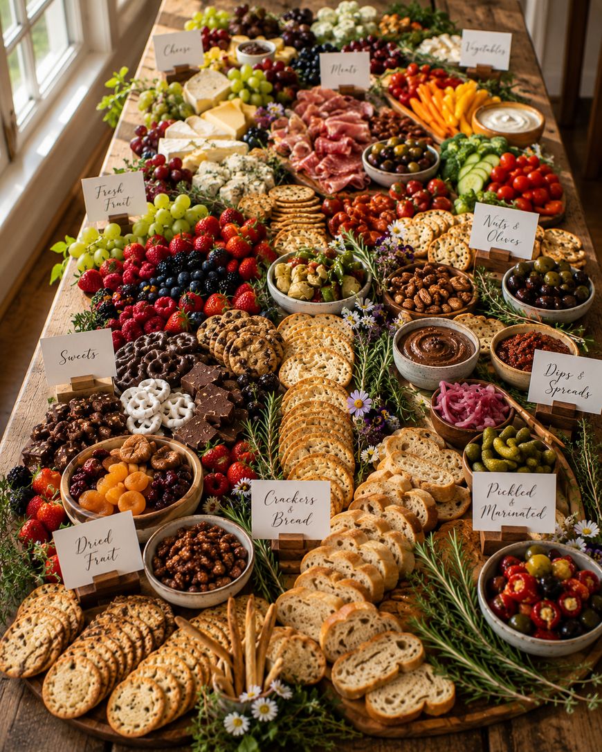A large wooden table covered with a variety of snacks, including cheeses, meats, crackers, fruits, vegetables, nuts, dips, sweets, and pickled items, each section labeled with small signs.