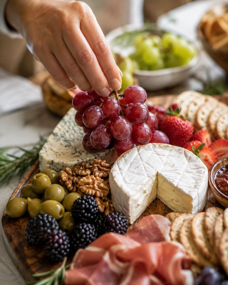 A hand holds a bunch of red grapes over a charcuterie board with brie cheese, olives, walnuts, blackberries, strawberries, cured meats, crackers, and a bowl of green grapes in the background.