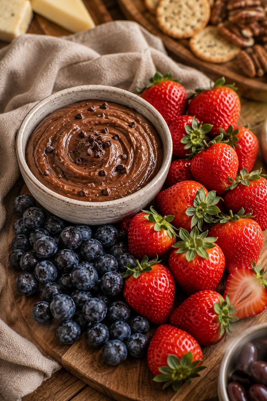 A bowl of chocolate dip is surrounded by fresh strawberries and blueberries on a wooden platter, with crackers, cheese, and nuts visible in the background.