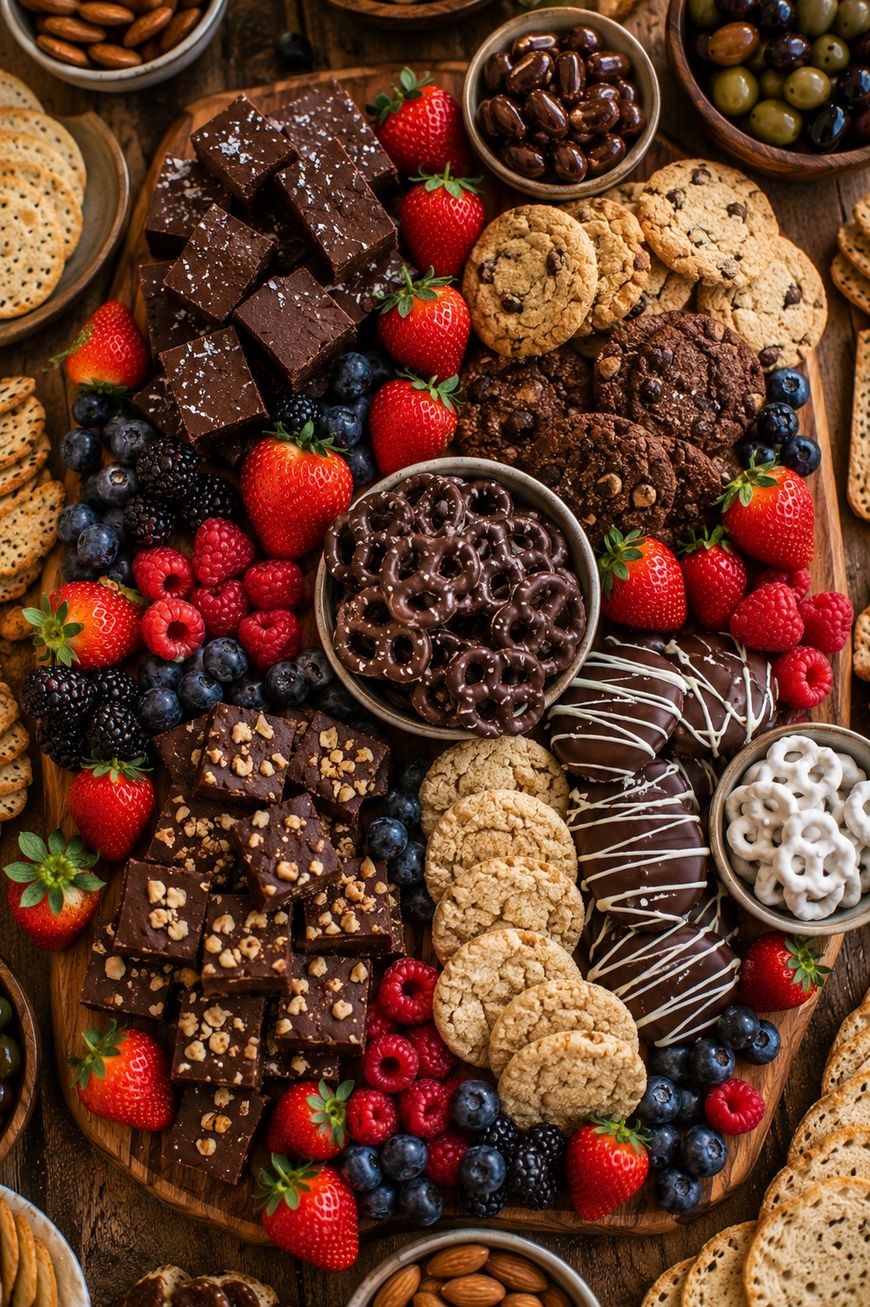 A large platter with brownies, cookies, chocolate-covered pretzels, fresh strawberries, raspberries, blueberries, almonds, crackers, and small bowls of olives and chocolate-covered nuts.