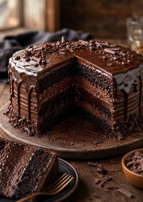 A rich, layered chocolate cake with glossy chocolate ganache is missing a slice. The slice sits on a black plate with a fork beside it. Chocolate shavings decorate the cake and the wooden table.