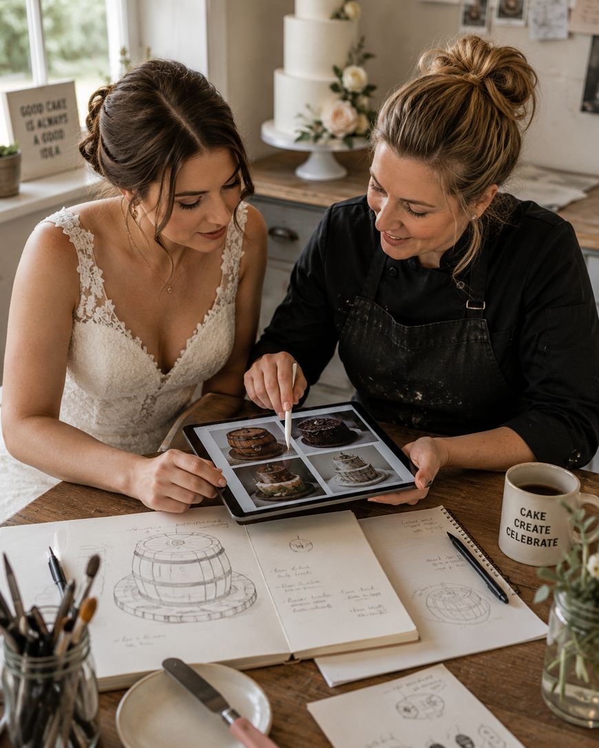 A bride and a baker look at cake designs on a tablet while sitting at a table with sketches, cake tools, and a wedding cake in the background.