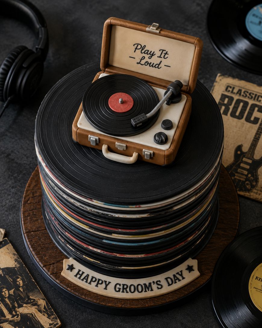 Round cake decorated like stacked vinyl records with a realistic edible turntable and “Play It Loud” on top. A banner reads “Happy Groom’s Day.” Headphones and record sleeves surround the cake.