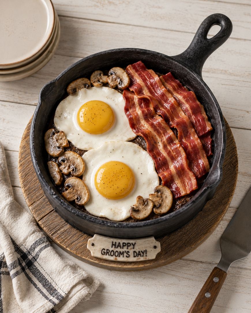 A skillet with two sunny-side-up eggs, several strips of bacon, and sautéed mushrooms sits on a wooden board with a plaque reading HAPPY GROOMS DAY!