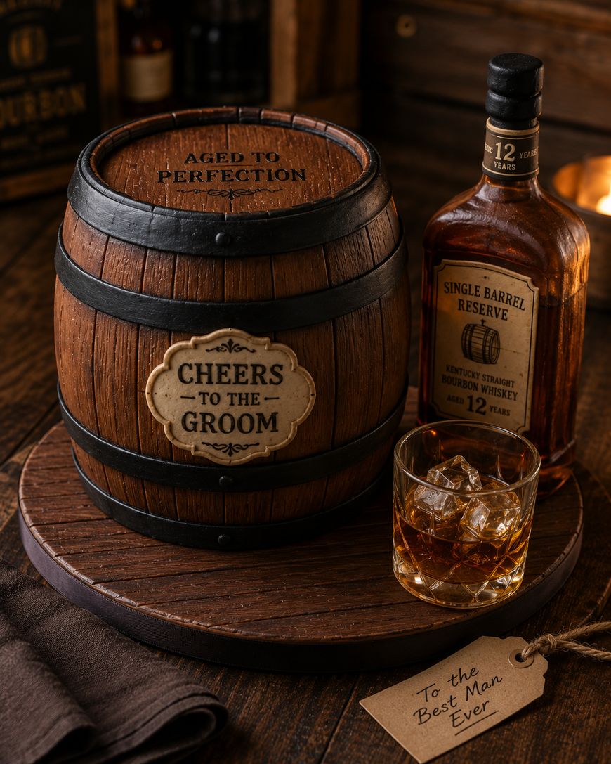 A mini barrel labeled Cheers to the Groom sits beside a whiskey bottle, a glass of whiskey with ice, and a tag reading To the Best Man Ever on a dark wooden surface.