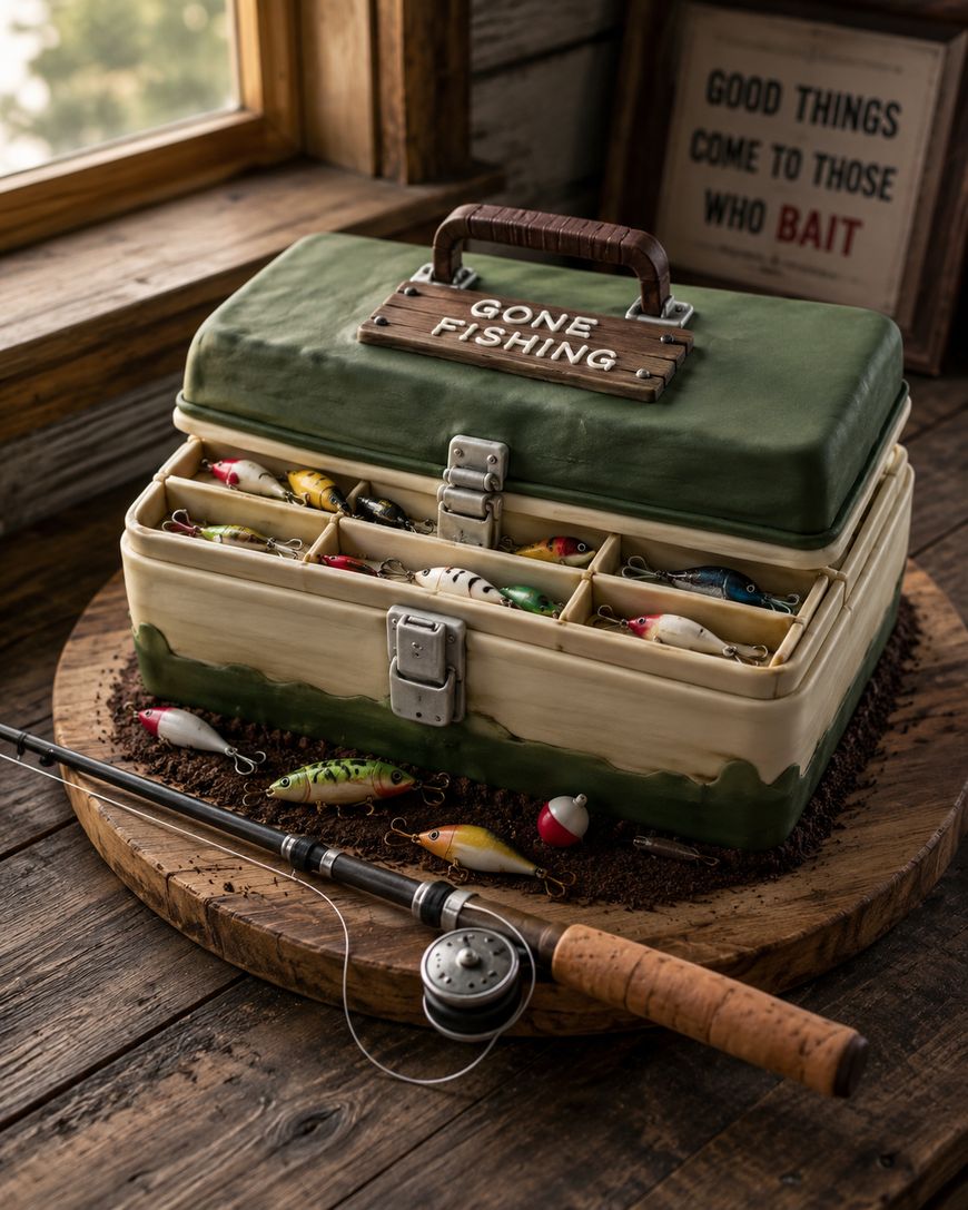 A realistic cake shaped like a green tackle box with edible fishing lures, a “Gone Fishing” sign on top, and a fishing rod beside it, all set on a rustic wooden table by a window.