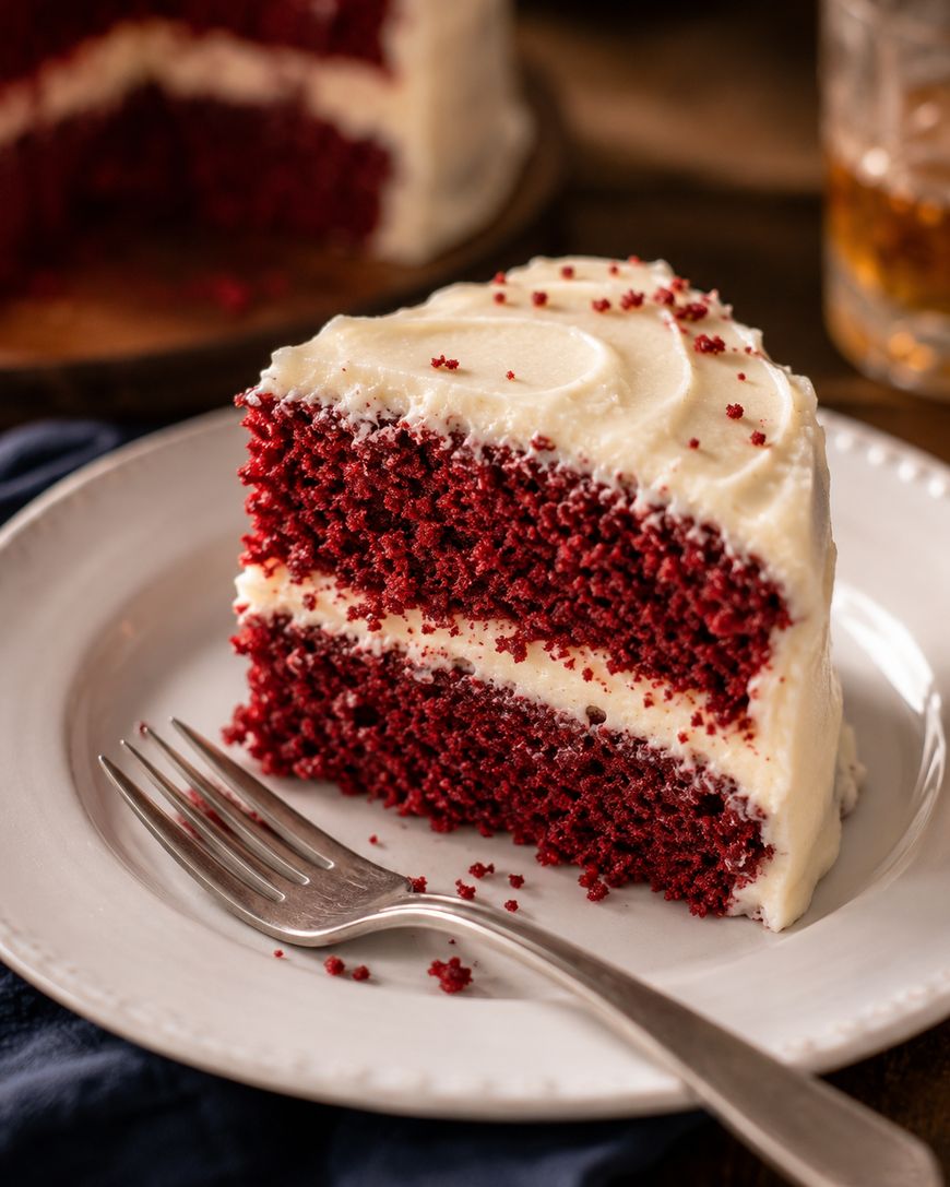 A slice of red velvet cake with cream cheese frosting sits on a white plate beside a fork.