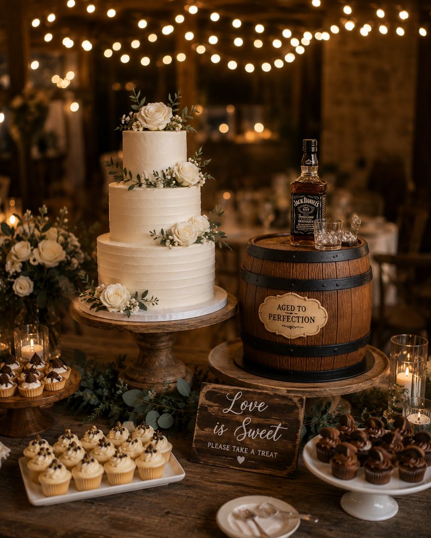 A rustic wedding dessert table with a white tiered cake, cupcakes, candles, a whiskey bottle on a barrel, white flowers, and string lights.