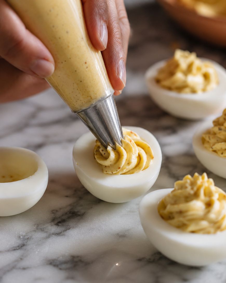 A hand pipes creamy deviled egg filling into a halved boiled egg white on a marble surface, with other filled eggs nearby.