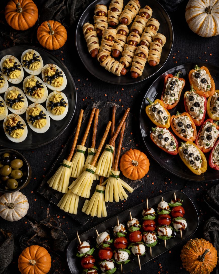 A Halloween-themed spread with deviled eggs topped with olive spiders, mummy-wrapped sausages, stuffed peppers with olive eyes, cheese broomsticks with pretzel handles, and veggie skewers, all surrounded by mini pumpkins.
