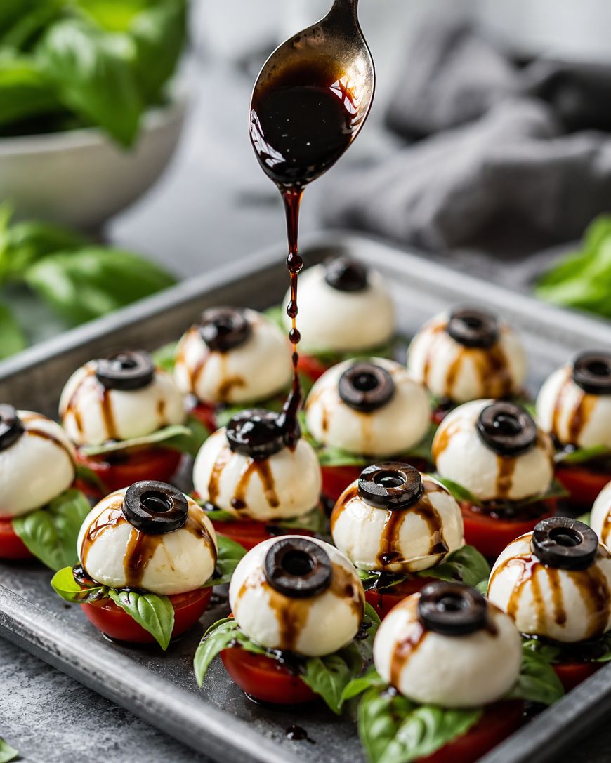 A spoon drizzles balsamic glaze over caprese bites styled to look like eyeballs, made with mozzarella, olives, basil, and tomato halves, arranged on a metal tray.