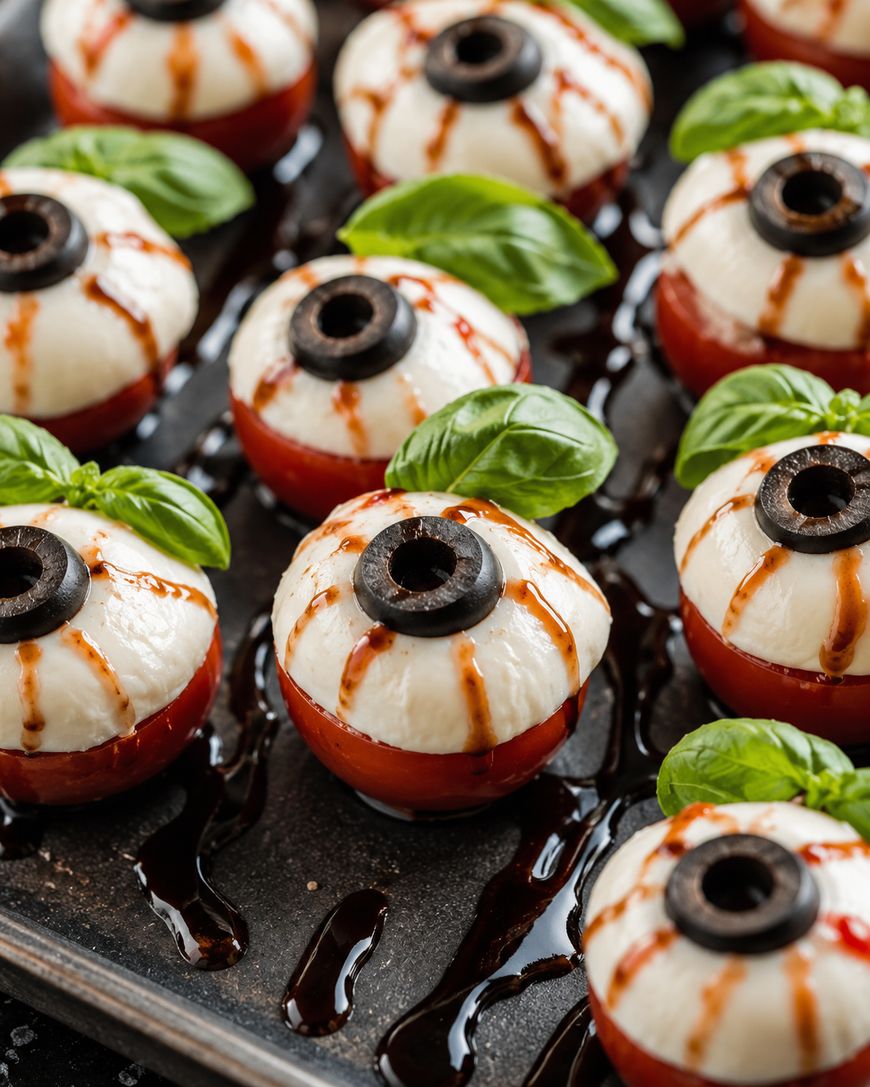 Caprese bites made with mozzarella, tomato, basil leaves, and black olive slices, arranged to look like eyeballs, and drizzled with balsamic glaze on a dark tray.