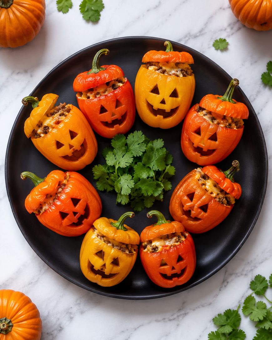 Stuffed orange and yellow bell peppers carved with jack-o-lantern faces, filled with a savory mixture, arranged on a black plate with cilantro garnish, surrounded by mini pumpkins on a marble surface.