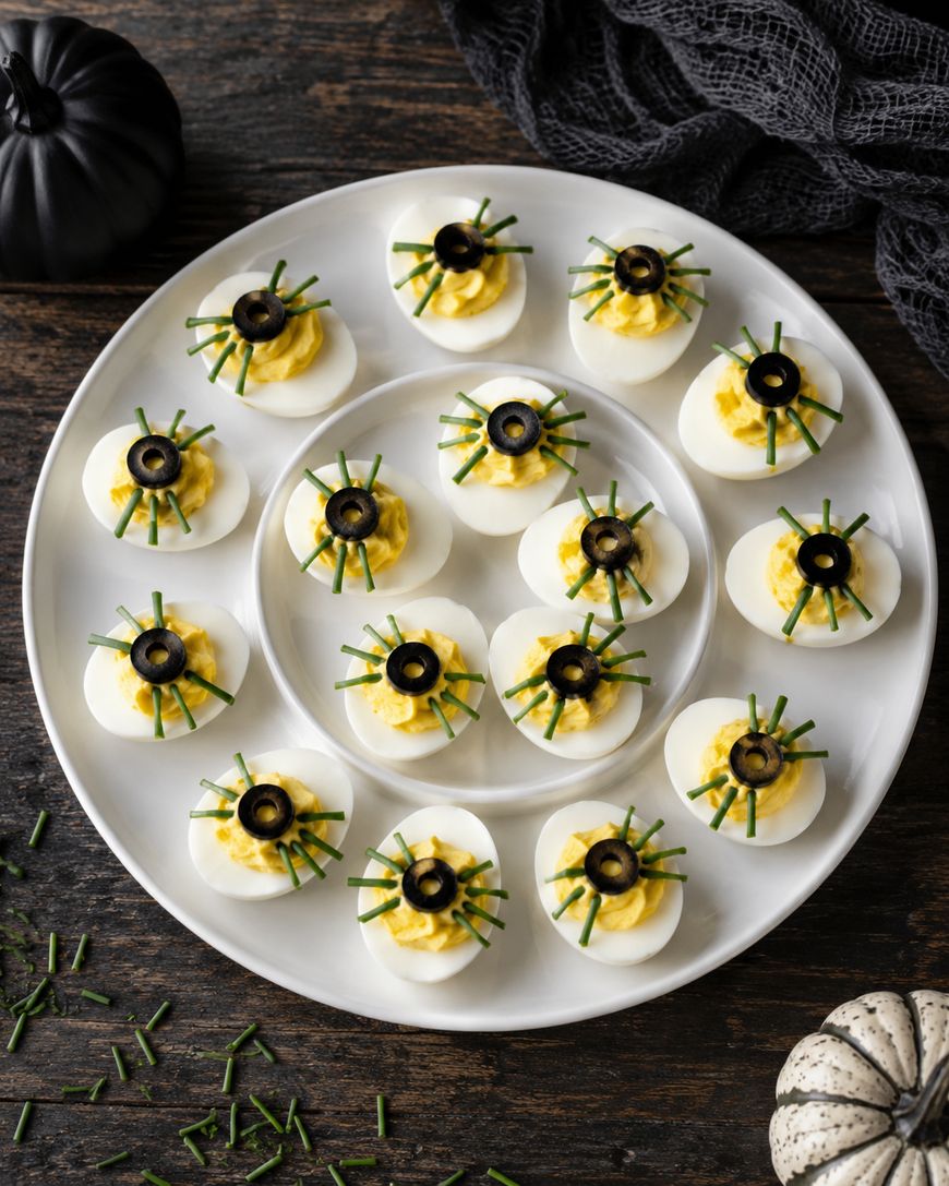 Deviled eggs arranged on a white plate, topped with sliced black olives and green chives to resemble eyeballs, set on a wooden table with mini pumpkins and a dark cloth nearby.