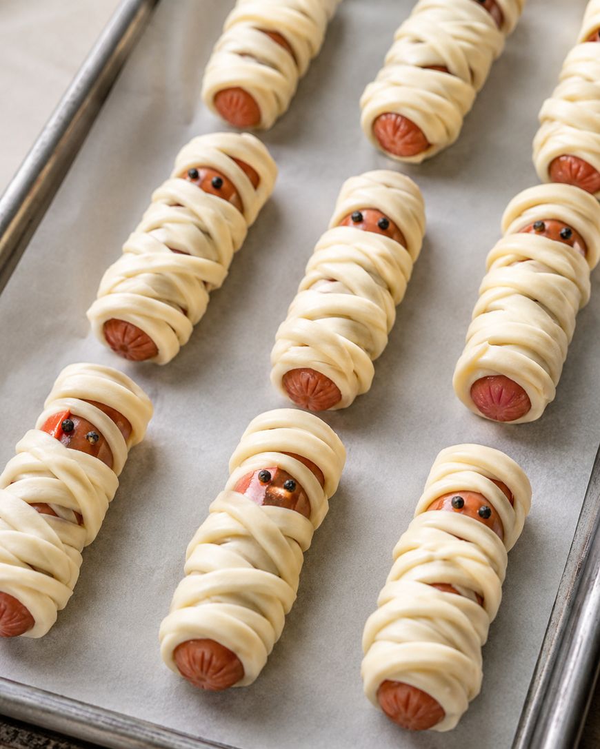 Rows of hot dogs wrapped in dough to resemble mummies with small eyes, placed on a baking sheet lined with parchment paper, ready to be baked.