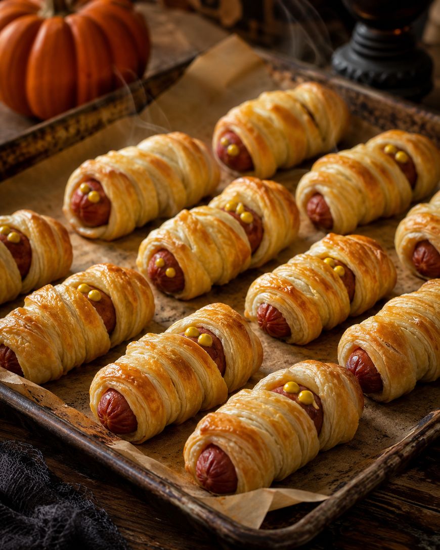 A baking tray filled with baked sausage mummies wrapped in golden puff pastry, with two dots of yellow mustard for eyes on each, set on a rustic wooden table with a pumpkin in the background.