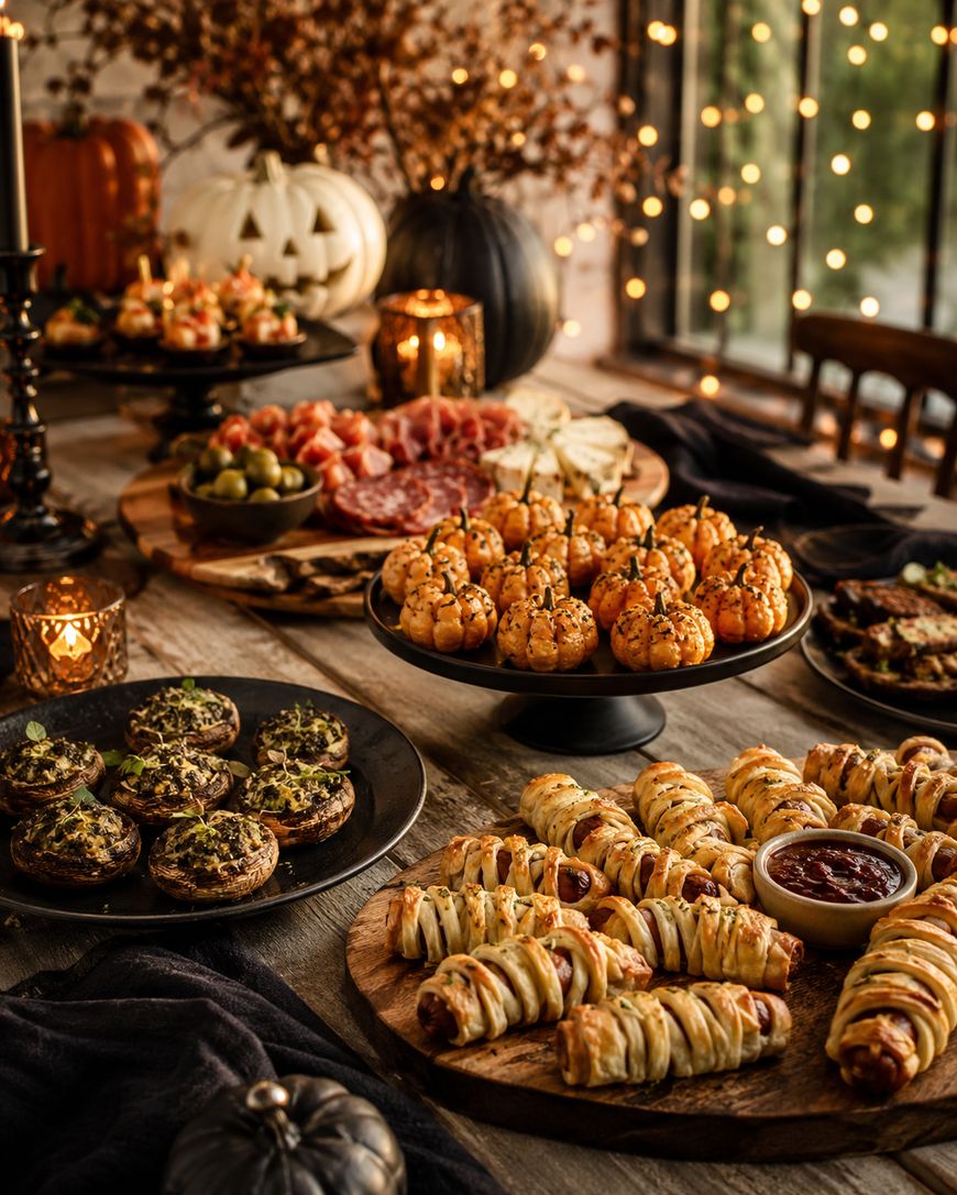 A Halloween-themed table with pumpkin-shaped treats, mummy-wrapped sausages, stuffed mushrooms, charcuterie, candles, pumpkins, and autumn decorations, all set in warm, ambient lighting.