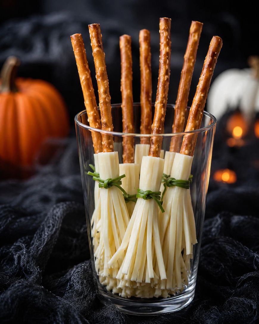 Glass filled with cheese string “brooms” tied with chives, with pretzel stick handles. In the background are a pumpkin and Halloween decorations.
